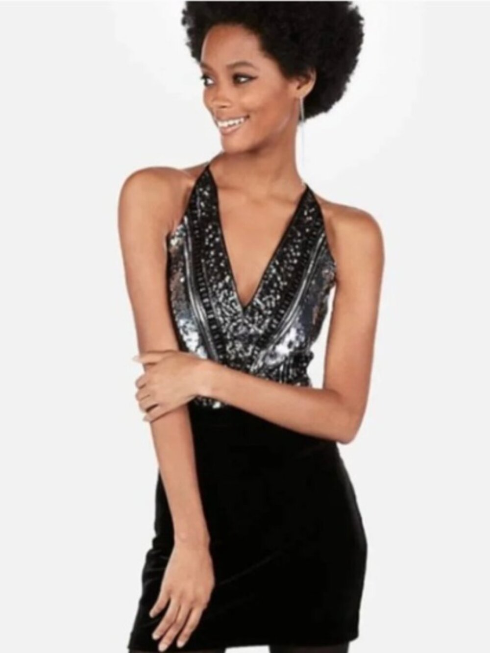Express Sequin V-Neck Bodysuit in Iridescent Silver & Black